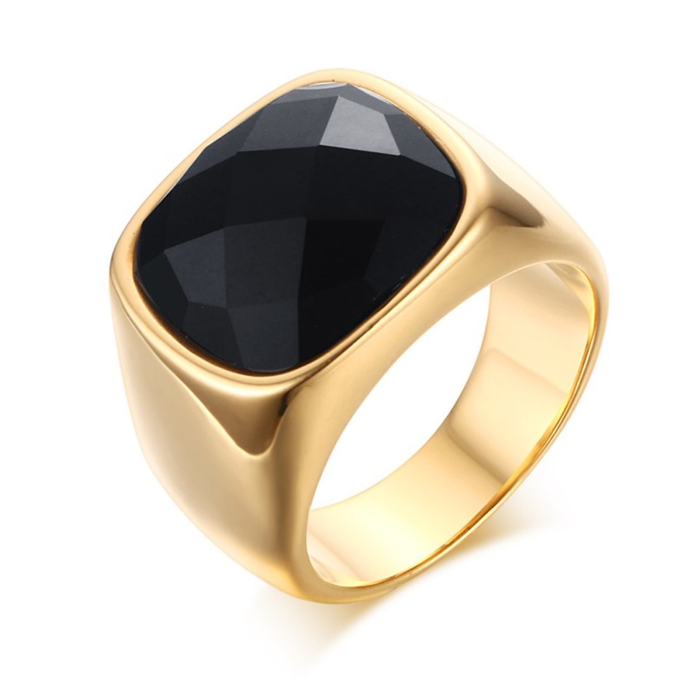 Men's steel ring with gold and faceted black stone chevalier