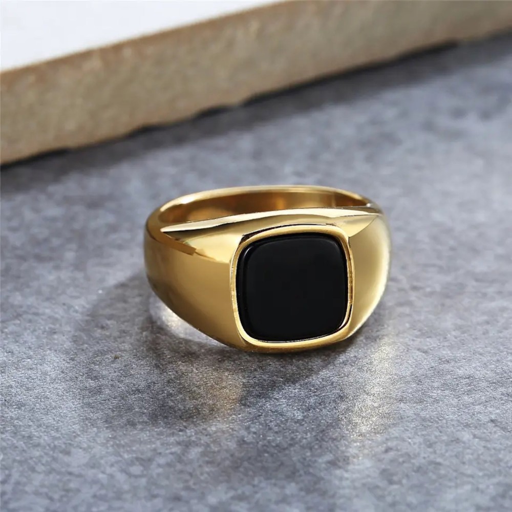 Square Gold Steel Ring Men Women...