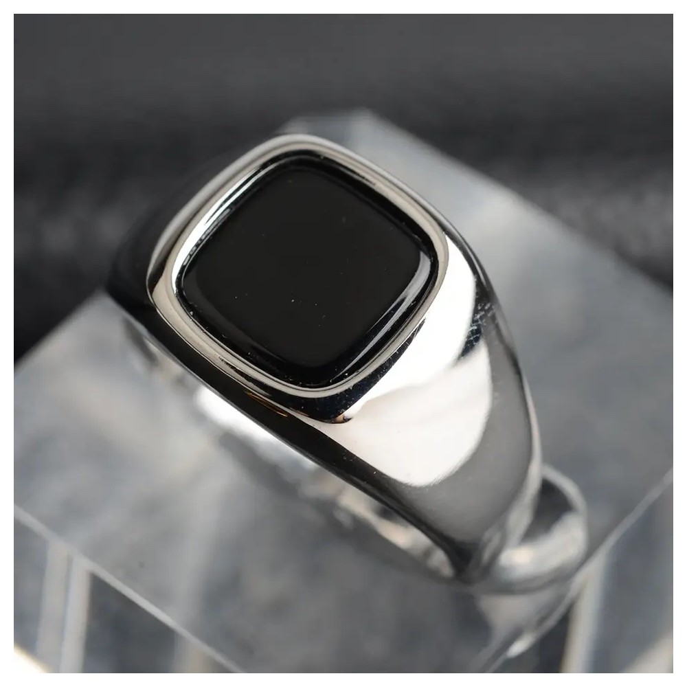 Square Silver Steel Ring Unisex Black...