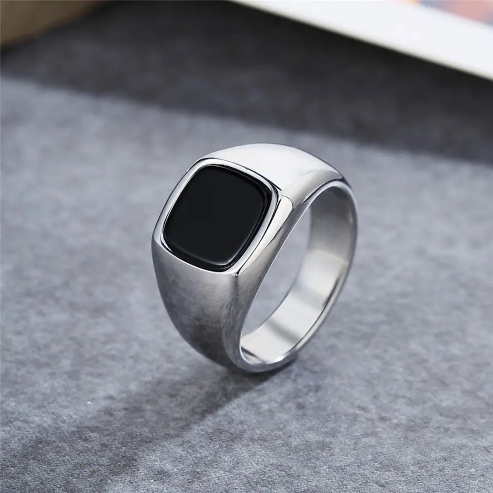 Square Silver Steel Ring Unisex Black...