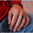 Anello Argento 925% Chevalier Con Incisione Con Pietra Agata Nera