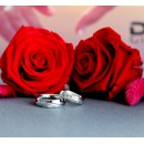 Pair of stainless steel wedding rings with satin silver engraving.