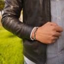 Men's and Women's Hard Stone Bracelet with Hematite Coil, Black Cube Rondelles, 925 Sterling Silver