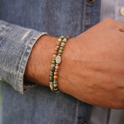 Bracciale Uomo Pietre Dure molla sfere palline turchese diaspro ematite argento925% 2