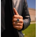 925% Silver Chevalier Ring with Engraving and Black Agate Stone