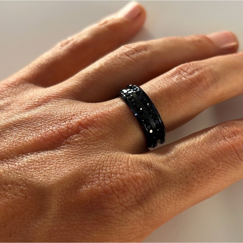 Black Steel Band Ring With Crystals...