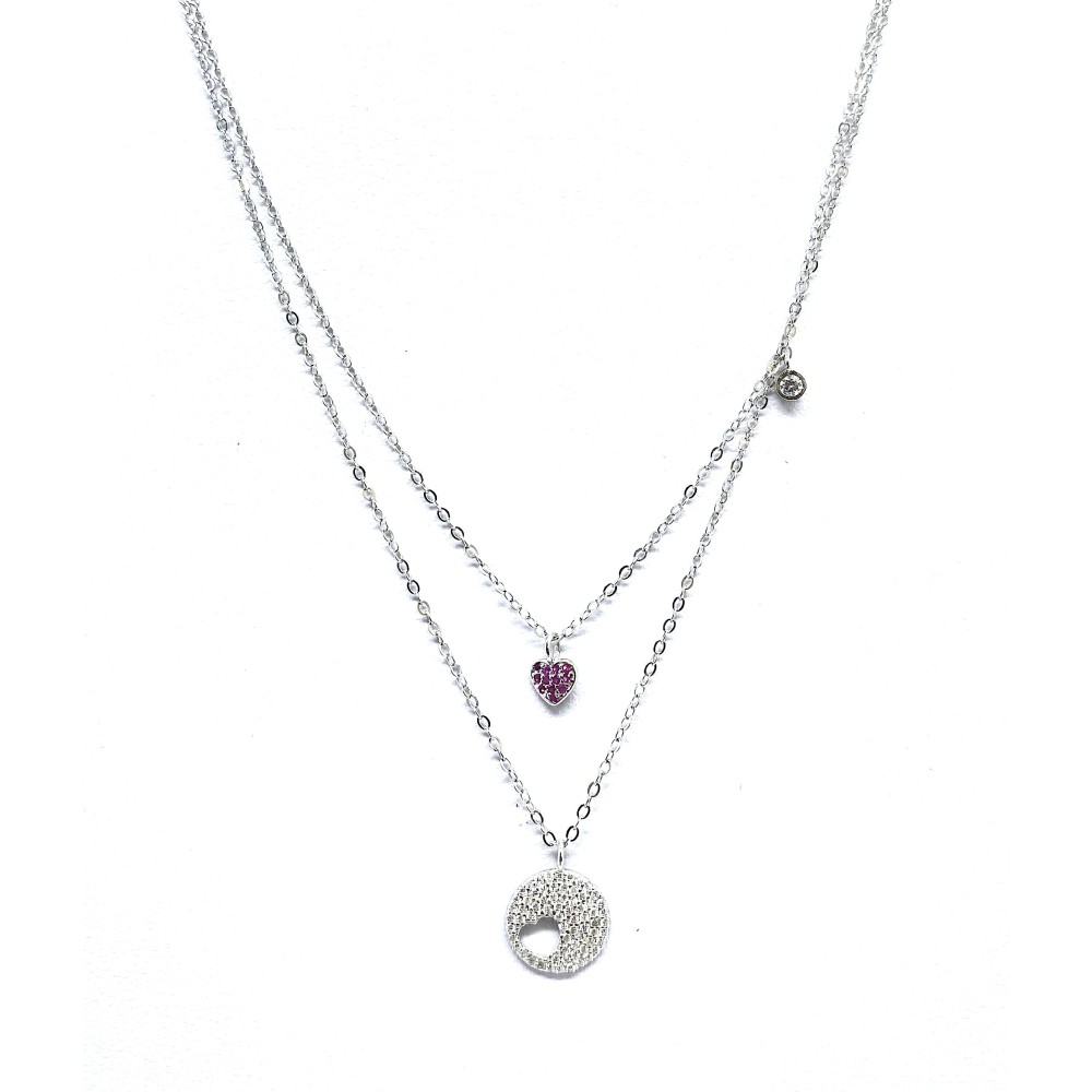 doppia Collana donna  cuore rosa argento 925 placcata oro bianco