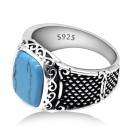 Anello in Argento 925% con incisione Vintage Chevalier con Pietra Turchese