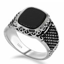 925% Silver Ring with Vintage Black Stone Chevalier Engraving