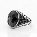 Men's Women's 925% Silver Chevalier Ring Faceted Black Stone