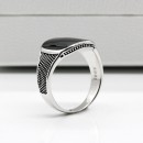 925 Sterling Silver Men's Women's Ring with Square Engraving and Black Enamel