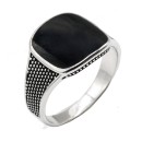 925 Sterling Silver Men's Women's Ring with Square Engraving and Black Enamel
