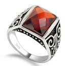 Men's Square Ring in 925% Silver with Red Stone Chevalier