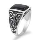 925% Silver Lucifer Ring with Engraved Square Chevalier Black Stone