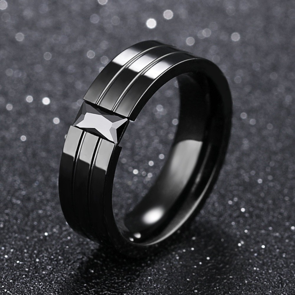 Men's polished black steel ring with...