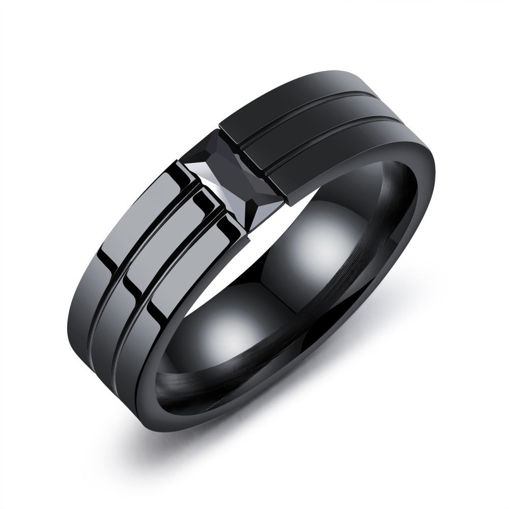 Men's polished black steel ring with...