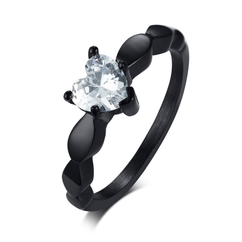 Black Solitaire Ring Steel Women Heart