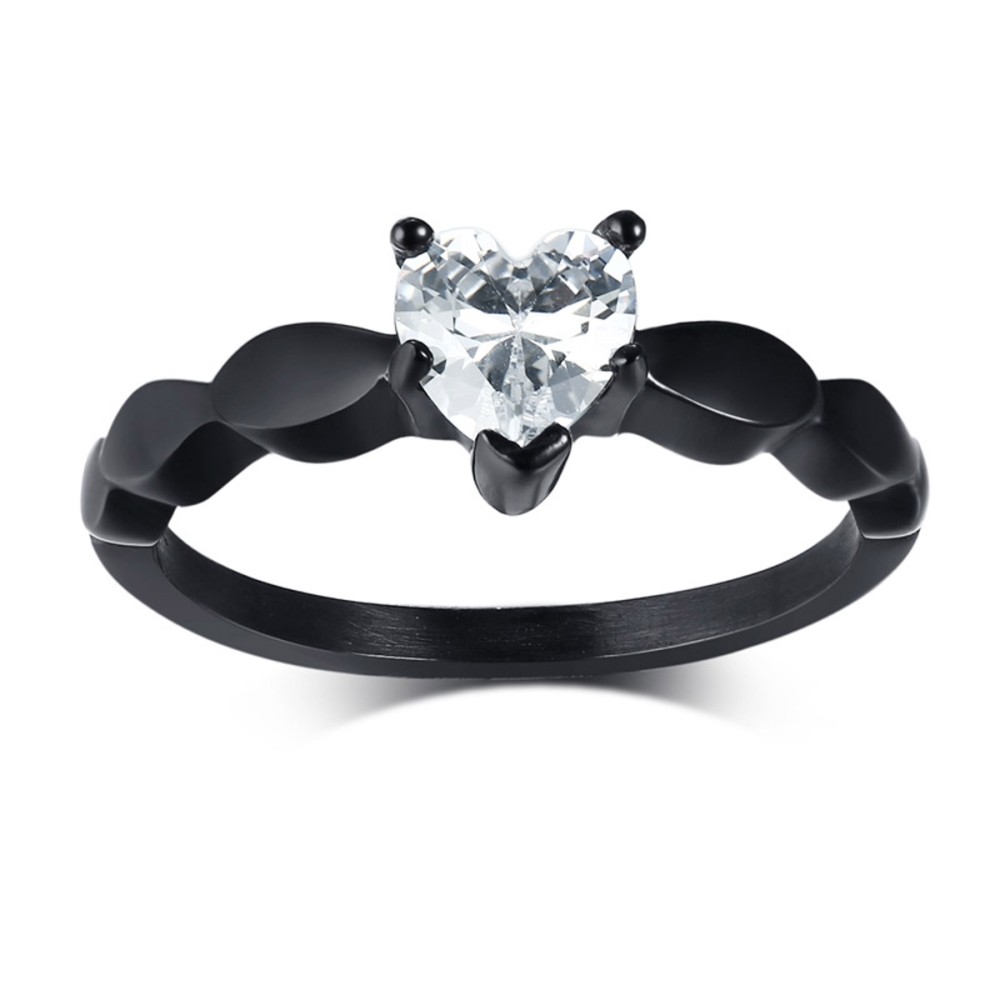 Black Solitaire Ring Steel Women Heart