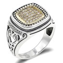 Square Gold Silver Ring 925% with Chevalier Seal Stone Engraving