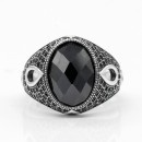 Men's Women's 925% Silver Ring with Engraving Chevalier Faceted Black Stone