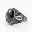 Men's Women's 925% Silver Ring with Engraving Chevalier Faceted Black Stone