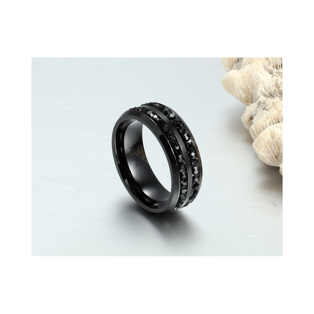 Black Steel Band Ring With Crystals...