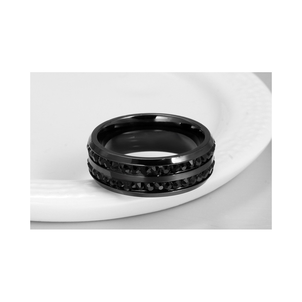 Black Steel Band Ring With Crystals...