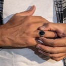 Men Women Silver Ring 925% With Engraving Black Agate Stone