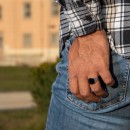 925 Sterling Silver Men's Women's Ring with Square Engraving and Black Enamel