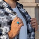 Men's Ring Silver 925% Chevalier Natural Round Turquoise Stone