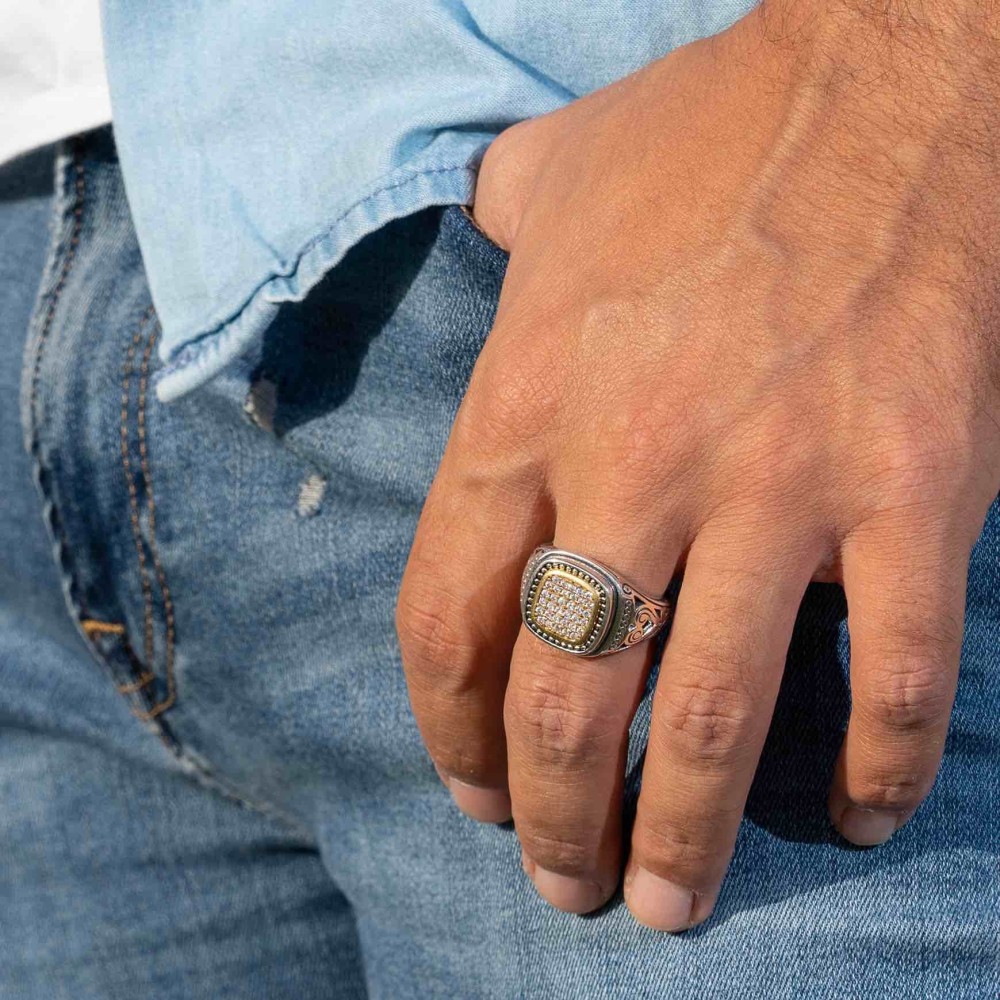 Square Gold Silver Ring 925% with...