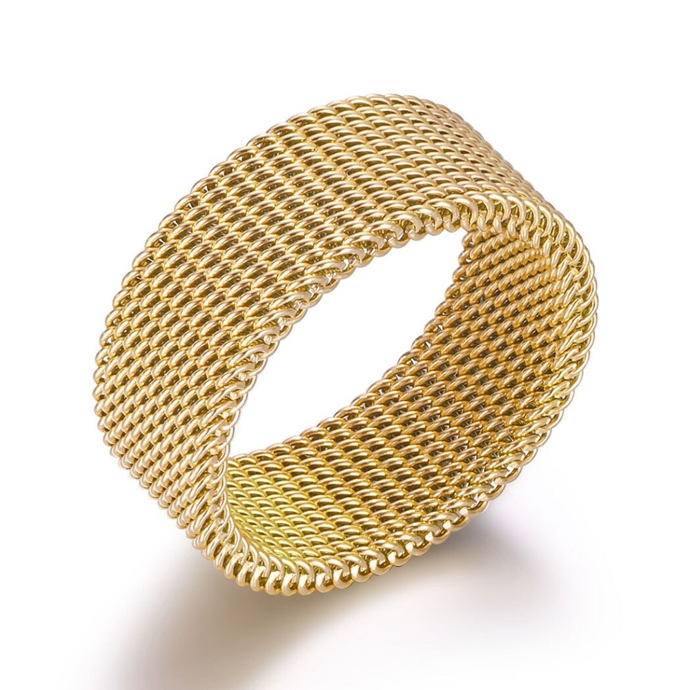 Milanese mesh steel ring with gold...