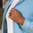 925% Silver Lucifer Ring with Engraved Square Chevalier Black Stone