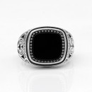 925% Silver Chevalier Ring with Engraving and Black Agate Stone
