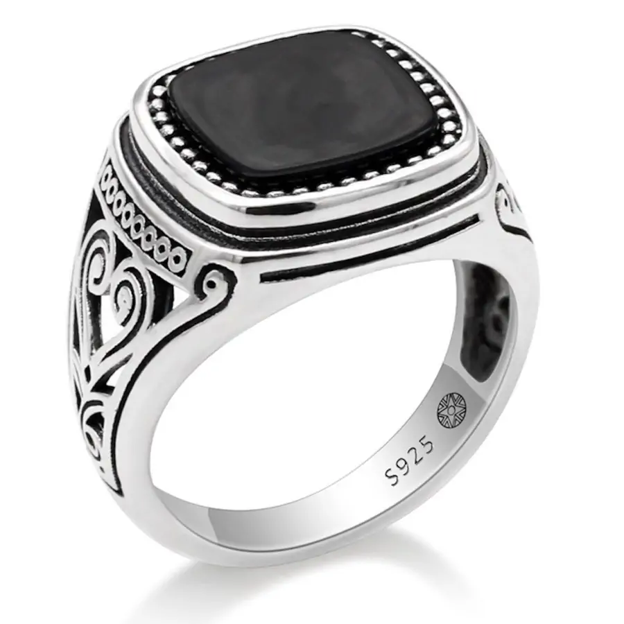 anello con pietra nera naturale argento 925 lucifer