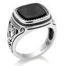 925% Silver Chevalier Ring with Engraving and Black Agate Stone